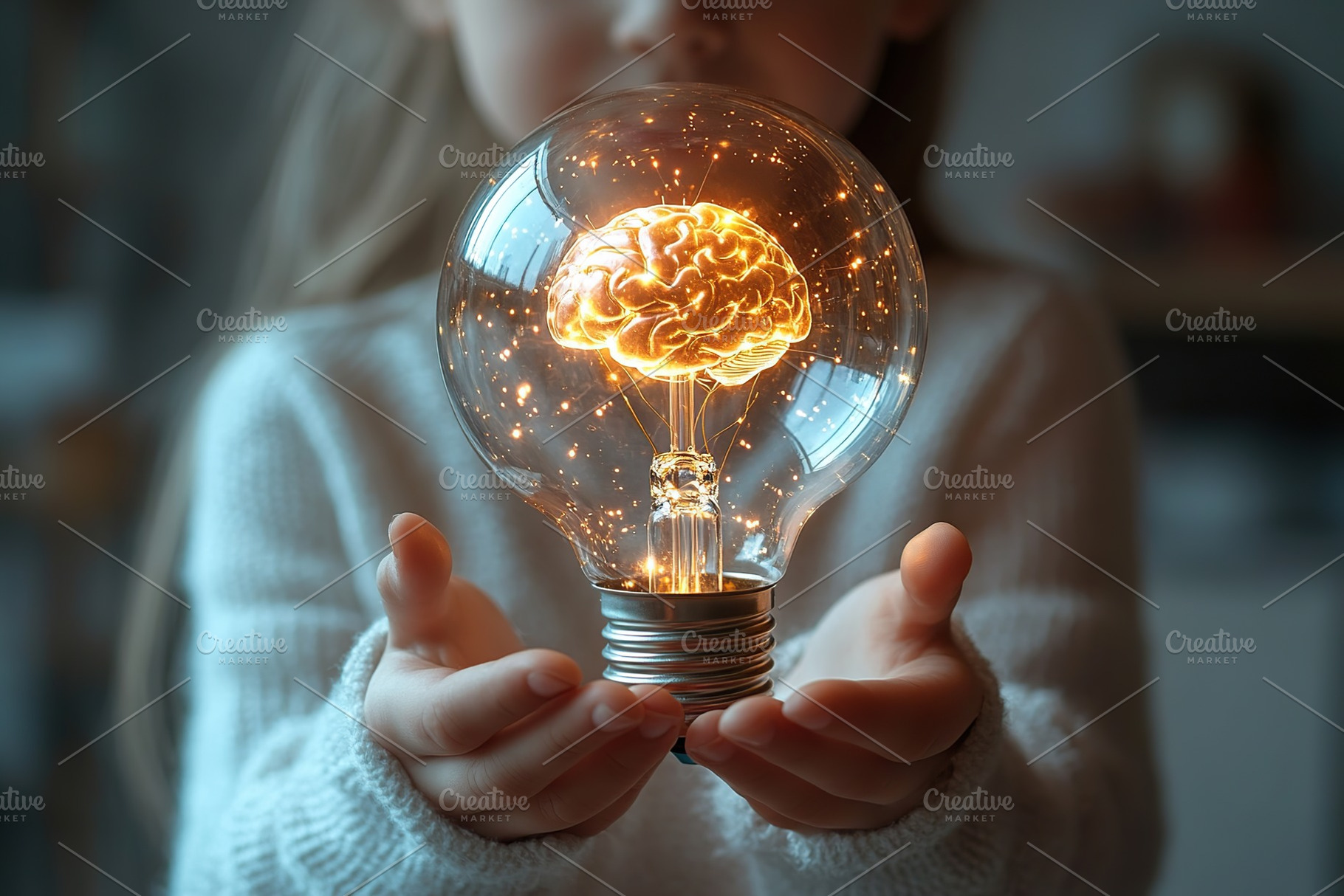 Digital brain inside a lightbulb in child hands, artificial intelligence techno, a Business Photo by AlyaAnd