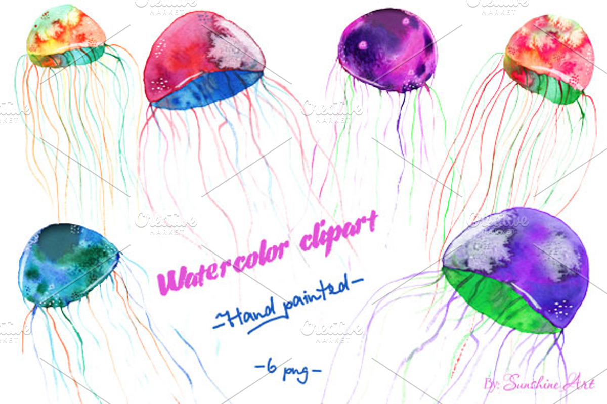 Set of Watercolor Jellyfish, a Decorative Illustration by Sunshine Art Shop (Photo 3 of 7)