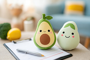 Cute plush avocados sitting on a clipboard in a cozy room with a bright atmosph, a Photo by AlyaAnd