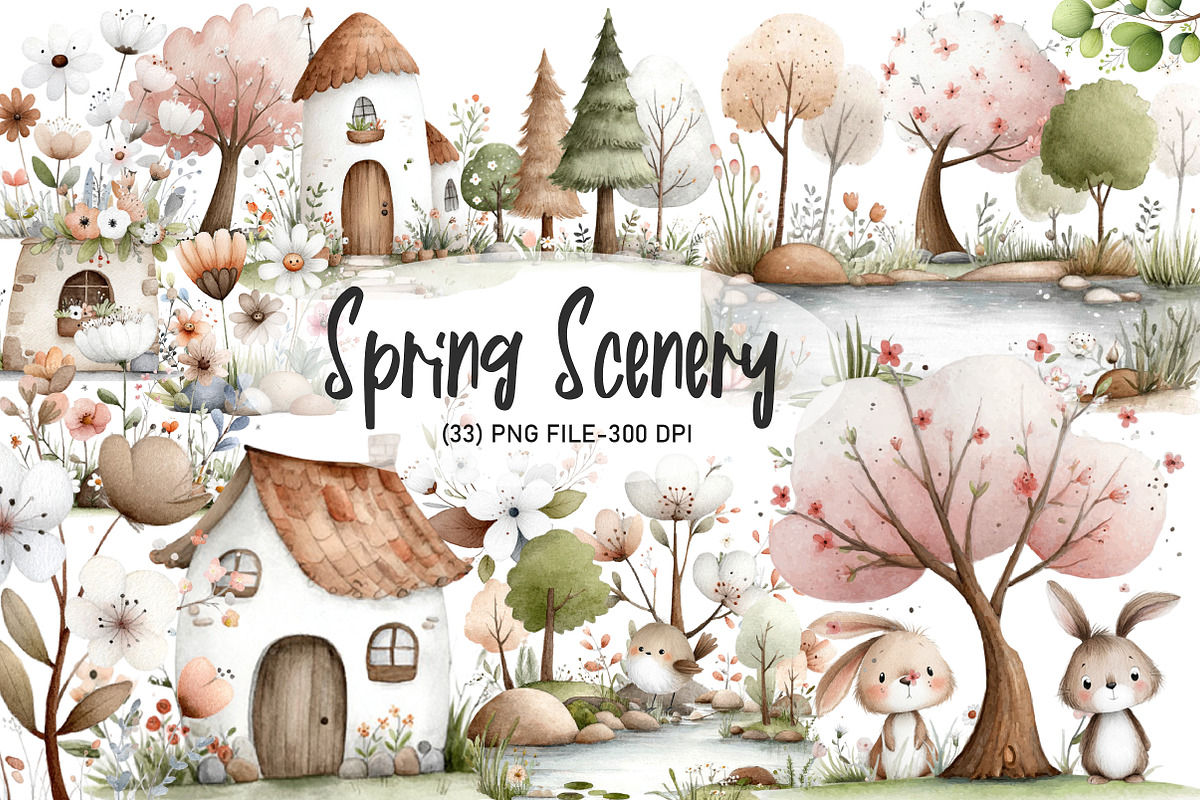 Watercolor Spring Scenery Clipart, an Illustration by Designworld (Photo 1 of 4)
