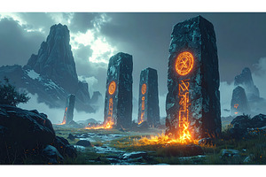 Ancient glowing rune monolith circle, an Architecture Photo by Igor Tichonow