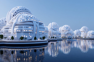 Futuristic white buildings reflected in water at twilight near a serene landsca, an Architecture Photo by AlyaAnd