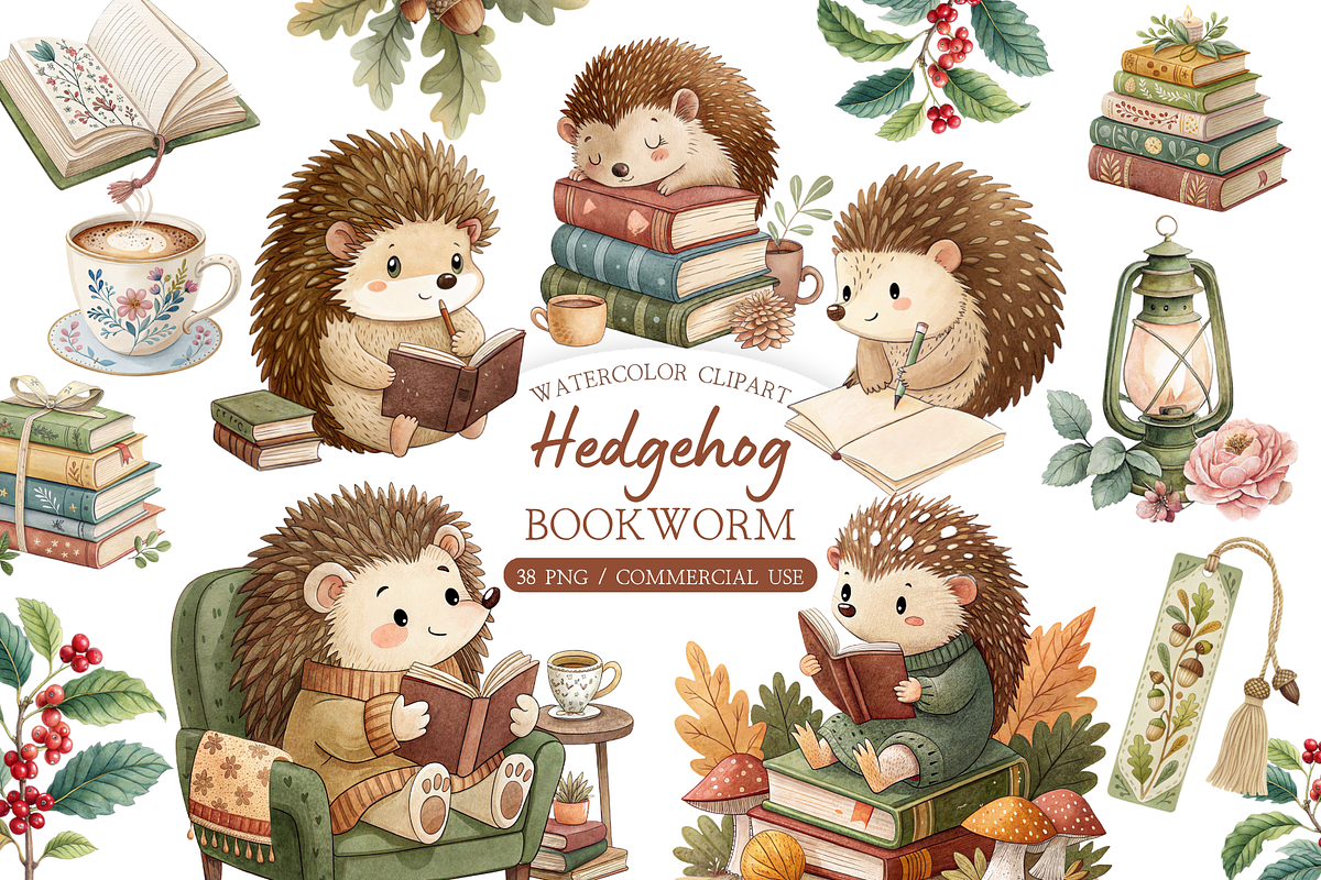 Hedgehog Bookworm PNG Clipart, an Animal Illustration by MockupWizard (Photo 1 of 5)