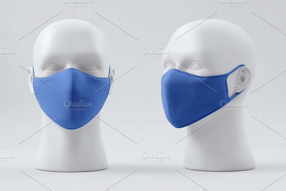 Two blue fabric face masks mockup on white mannequin heads, a Mask Mockup by Textures & Backgrounds