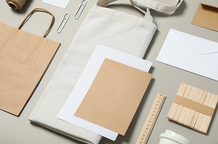 Mockup. Corporate stationery on grey background, copy space, a Business Photo by AtlasStudio PRO