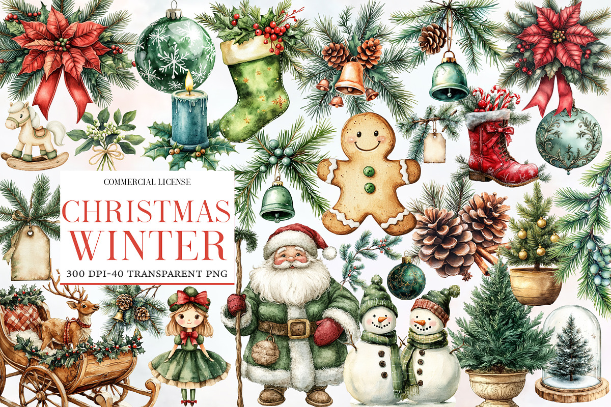 Christmas Winter Watercolor Clipart, an Illustration by Designworld (Photo 1 of 6)