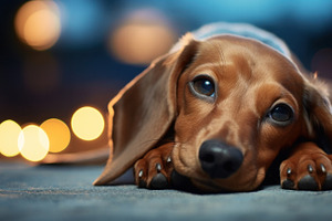 Dachshund with a sad face lies on a bed