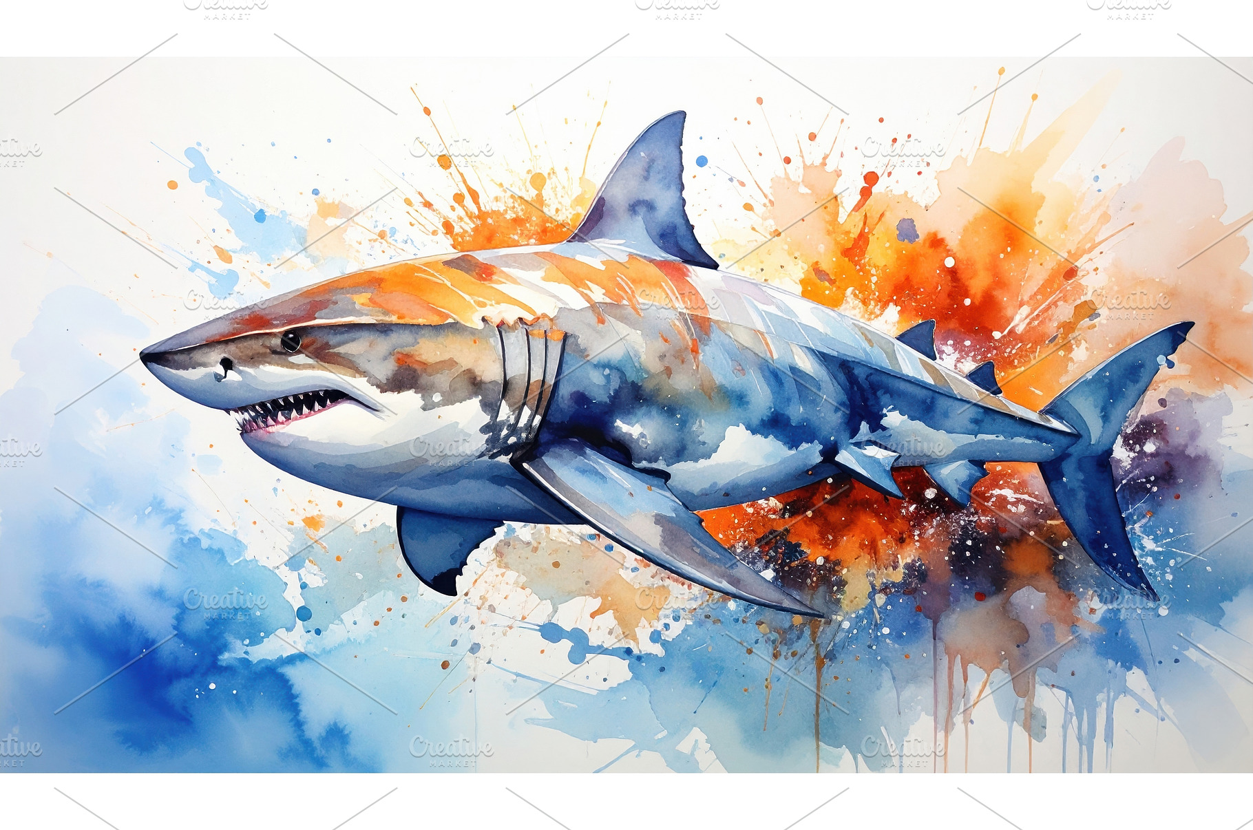 Watercolor painting of shark with, an Animal Photo by Igor Tichonow