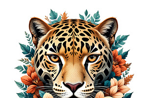 Leopard's face surrounded by lush, an Animal Illustration by yod67