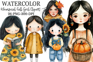 Whimsical Fall Black Hair Girl Clipa, a Seasonal Illustration by Rose Art