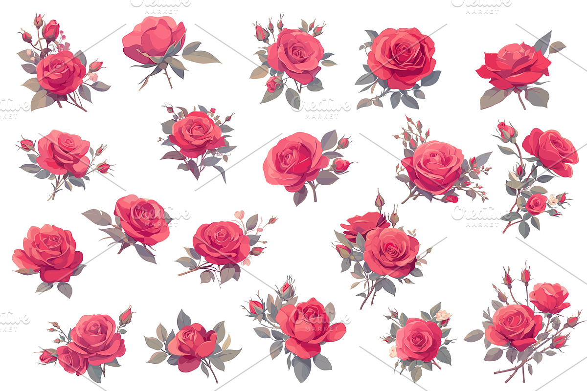 Set of cartoon rose flowers with, an Illustration by LadadikArt