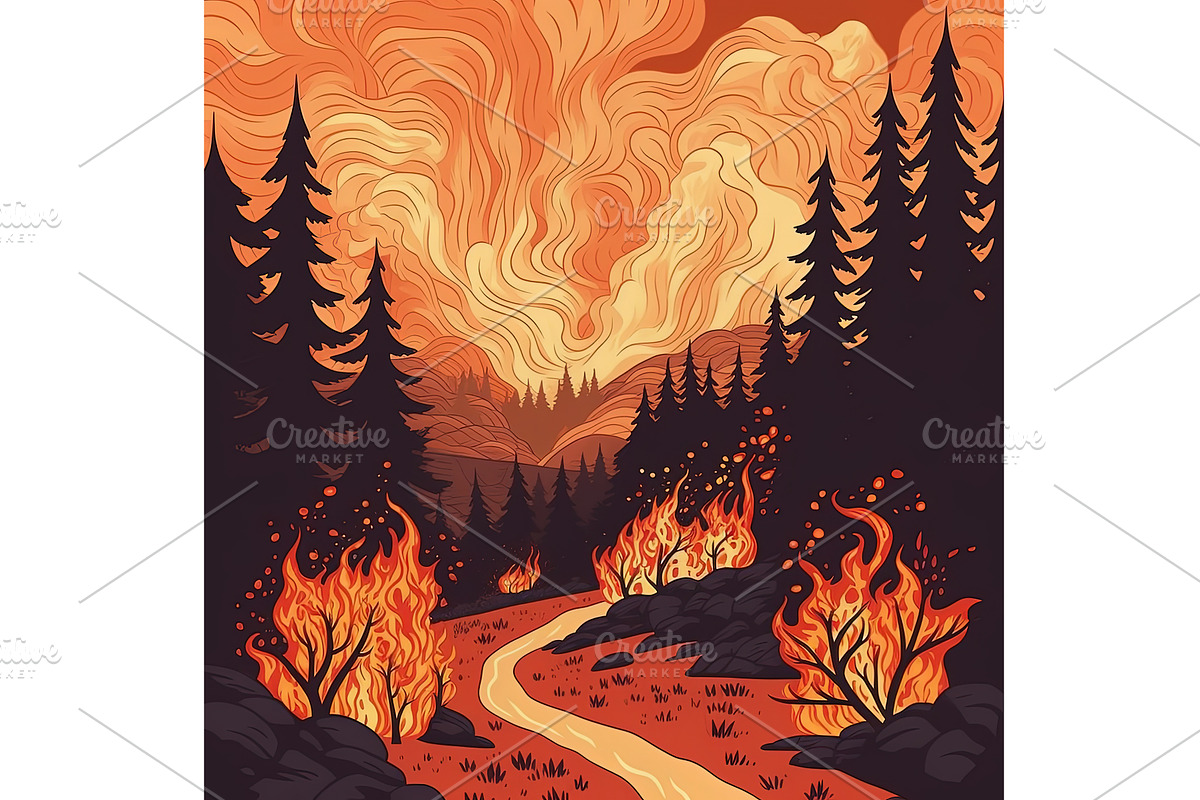 Fire burning in a forest. Wildfire, an Illustration by Lermont51