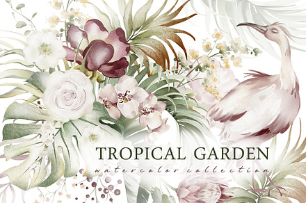 Watercolor Tropical Flowers, Leaves