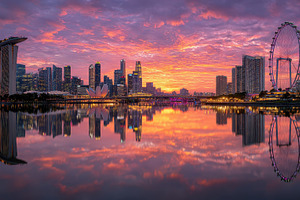 Singapore Skyline Sunset Marina Bay, a Photo by Pixeness Studio
