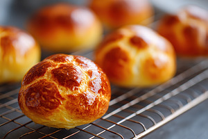 Freshly baked brioche buns with a glossy egg wash cooling on a wire rack in a c, a Food & Drink Photo by AlyaAnd