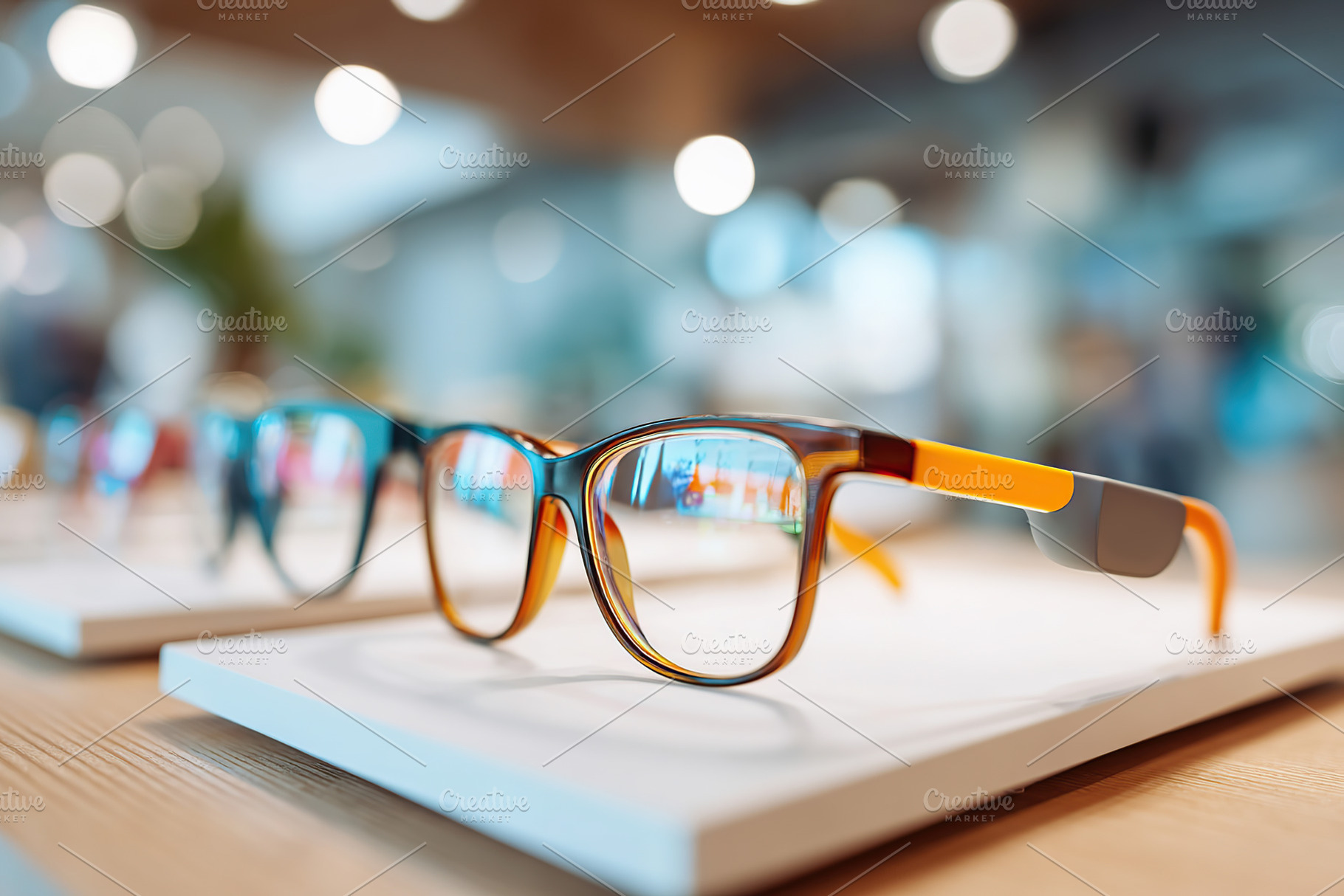 Smart glasses on display in a modern eyewear store showcasing innovative techno, a Photo by AlyaAnd