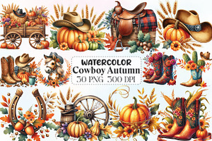 Watercolor Cowboy Autumn Clipart, an Illustration by CraftArtStudio