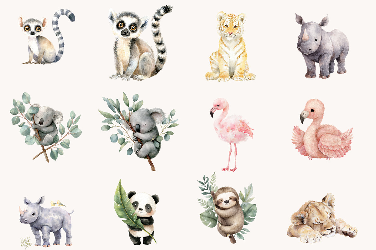 Watercolor Cute Baby Safari Animals, a Seasonal Illustration by Designworld (Photo 4 of 10)