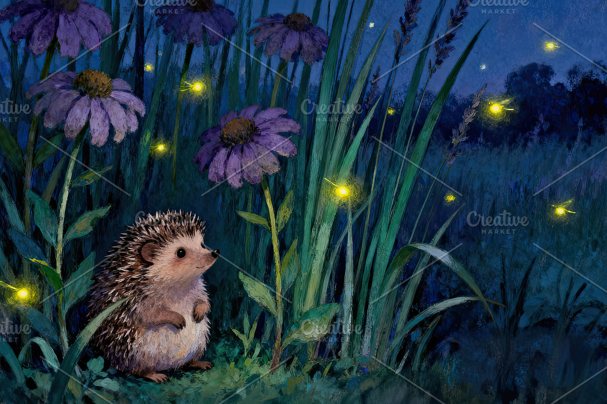 Whimsical Hedgehog at Night, an Animal Illustration by Virgo Studio