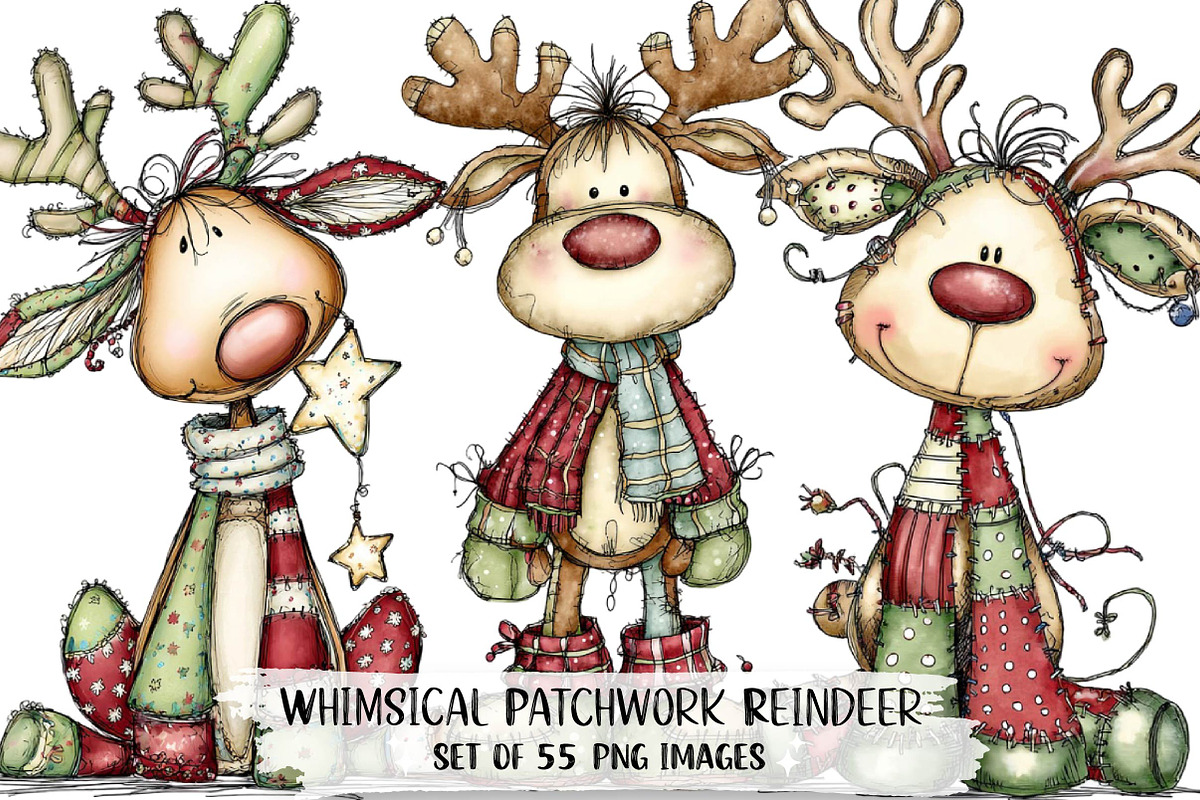 Whimsical Patchwork Reindeer Clipart, an Illustration by DreamPrint404 (Photo 1 of 7)