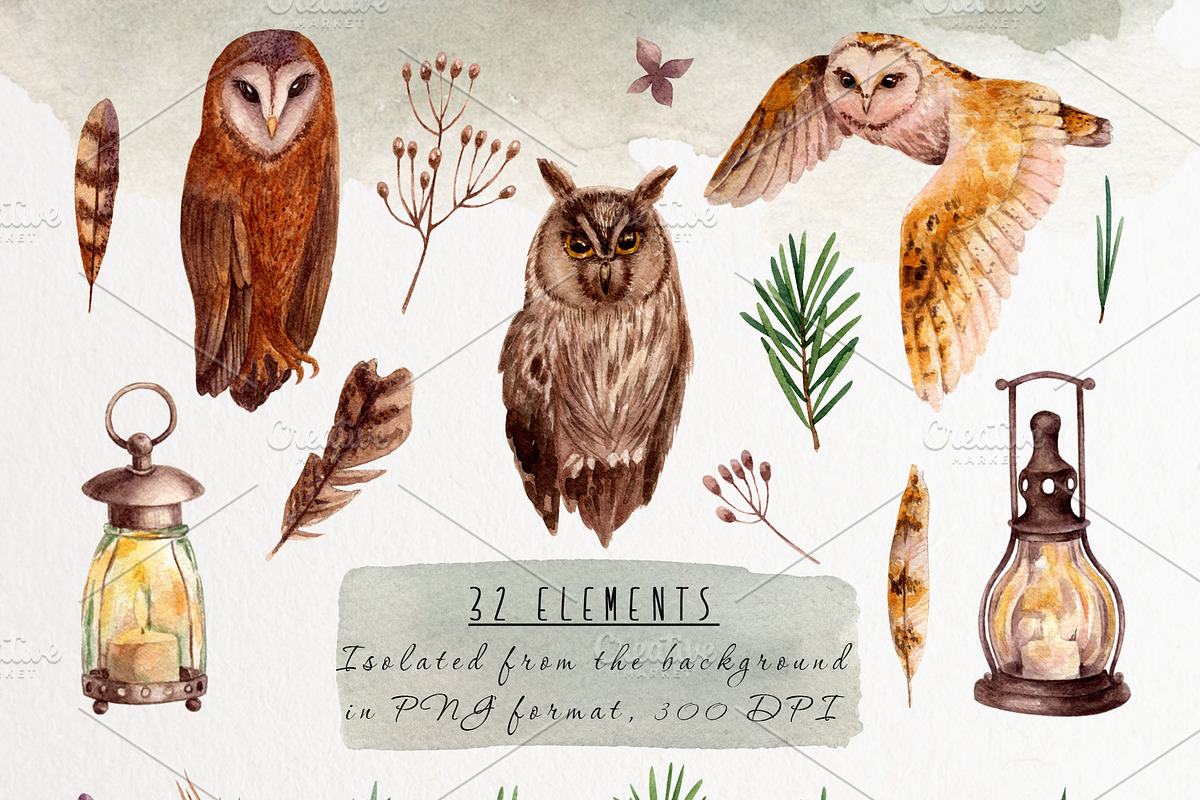 Owls and lanterns.Watercolor clipart, a Decorative Illustration by a_ptichkina (Photo 2 of 7)