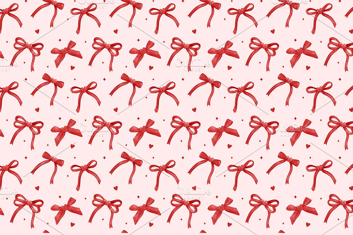 Red Ribbons, Bows & Hearts Pattern, an Illustration by Stellalunarts (Photo 2 of 4)