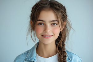 A cheerful young girl with brown hair in a braid, wearing a denim jacket, smile, a Person Photo by ImageMir