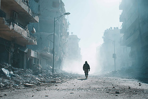 City in ruins due to war with smoke rising and a lone figure walking through de, a Photo by AlyaAnd