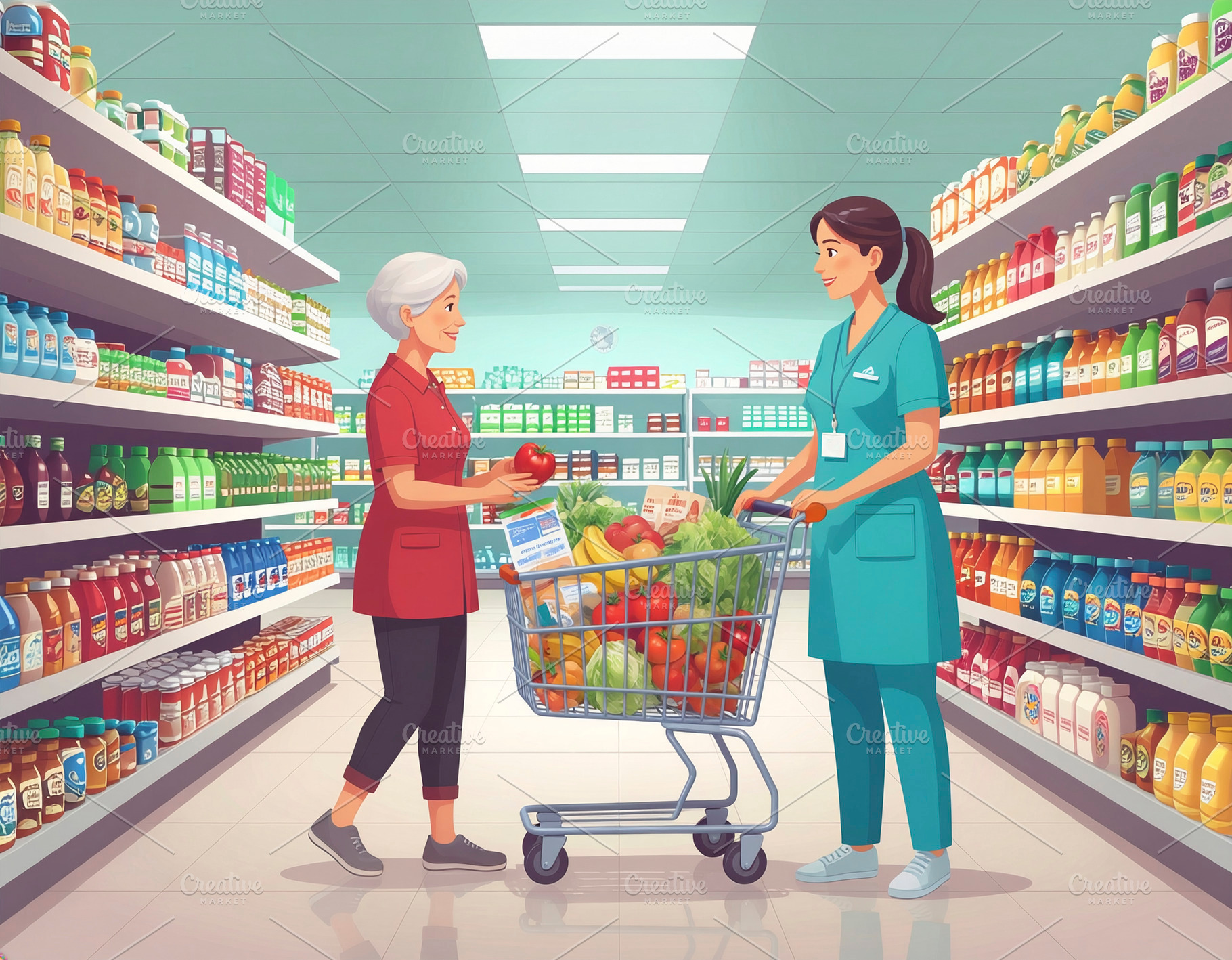 Supermarket worker helping woman, a Photo by DanFLCreativo