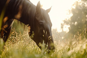 Dark horse grazing in a lush green meadow during a peaceful gold, a Photo by Studio ANNA