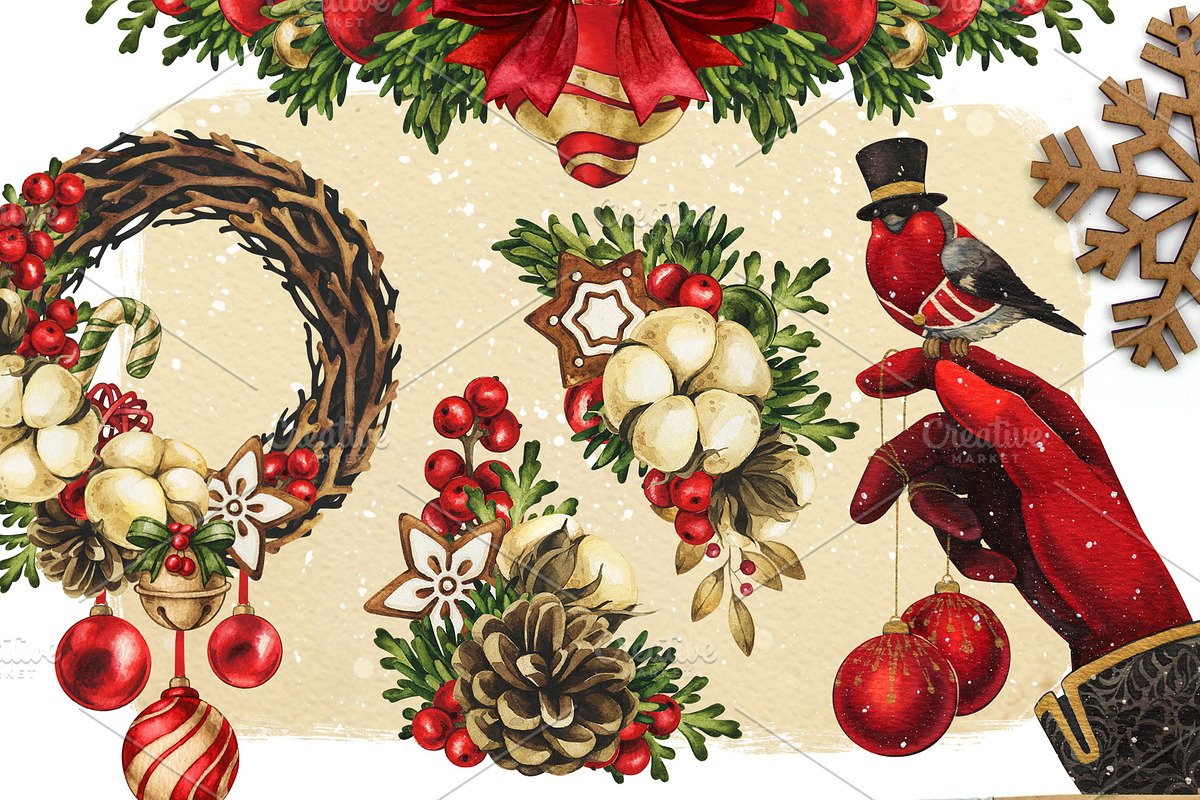 Vintage Christmas watercolor clipart, a Decorative Illustration by Color and Decor (Photo 2 of 7)