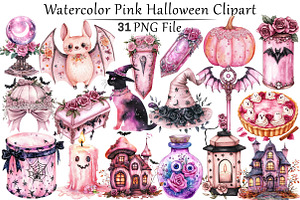 Watercolor Pink Halloween Clipart