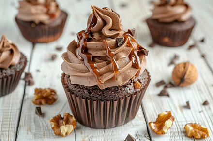 Chocolate cupcake with whipped cream and walnut on wooden table, a Food & Drink Photo by AlyaAnd