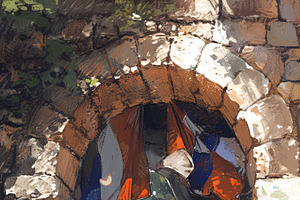 Two children smiling and hugging while sitting in an old stone archway, an Illustration by AS photostudio