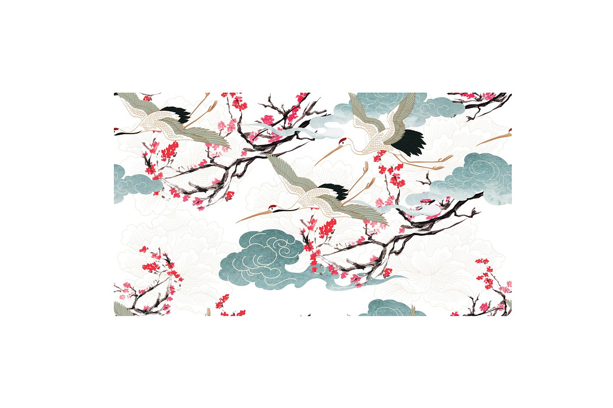 crane bird and cherry blossom flower, a Pattern Graphic by marukopum (Photo 2 of 3)