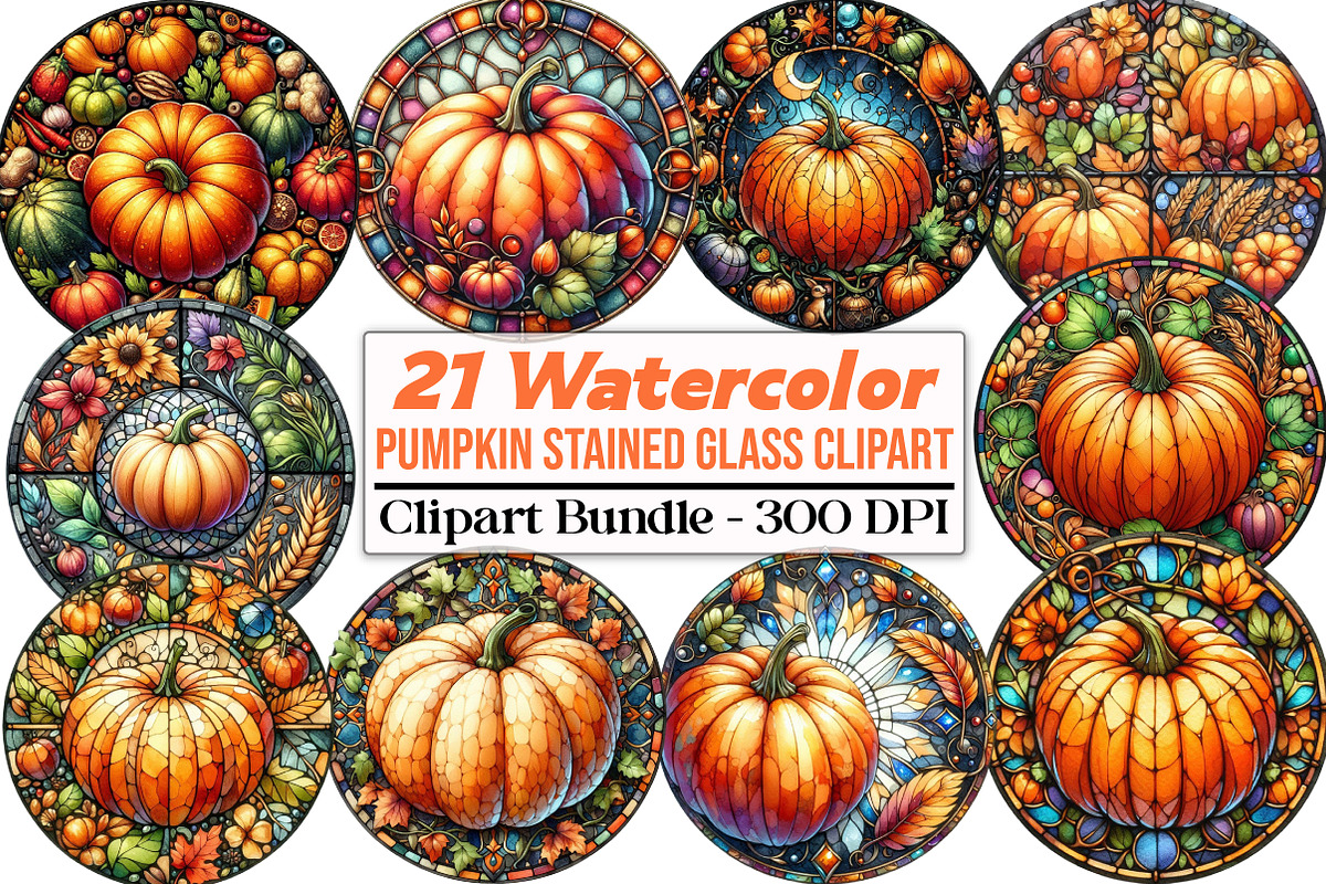 Round Pumpkin Stained Glass Clipart, an Illustration by DreamCafeArt (Photo 1 of 5)