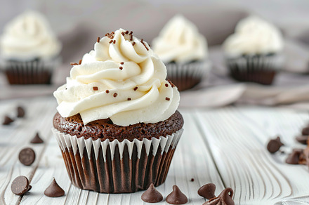 Chocolate cupcakes with white whipped cream on wooden table, a Food & Drink Photo by AlyaAnd