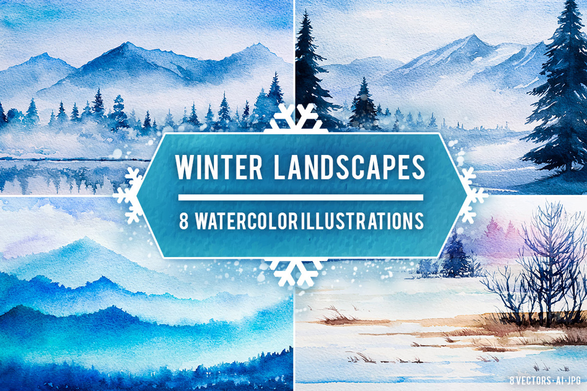 Winter Landscapes set#2. Watercolor., an Illustration by AlexGreenArt (Photo 1 of 9)