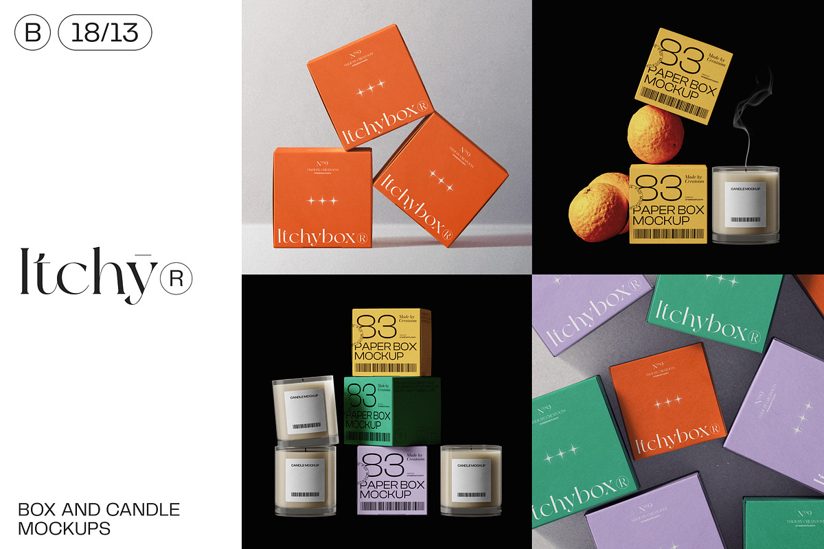 Itchy - Box&Candle mockups, a Packaging Mockup by Creatoom