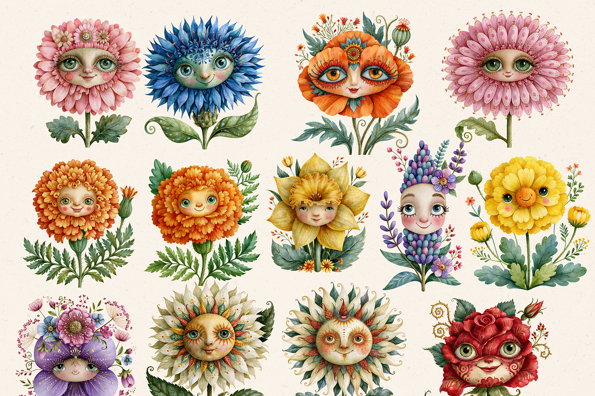 Surreal Flower Faces Clipart& Papers, a Seasonal Illustration by Daring Digies (Photo 2 of 11)