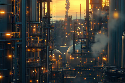 A sprawling industrial complex at dusk, featuring tall metallic structures, pip, an Industrial Photo by Textures & Backgrounds