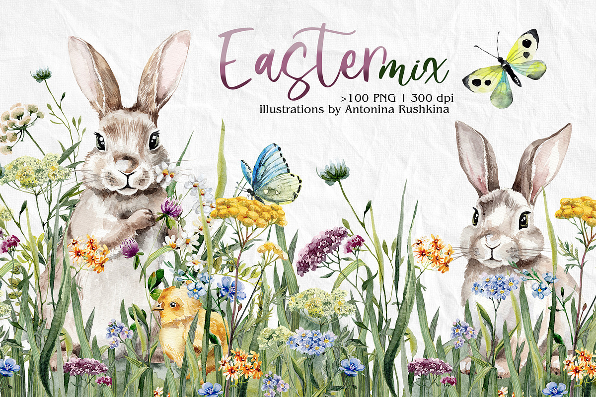 Watercolor Flowers and bunnies, a Decorative Illustration by RushkinaAntonina (Photo 1 of 5)