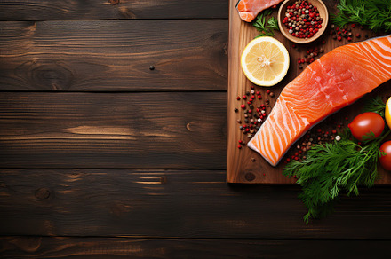 Tasty grilled salmon with pieces of lemon and seasonings on wooden background, a Food & Drink Photo by AlyaAnd