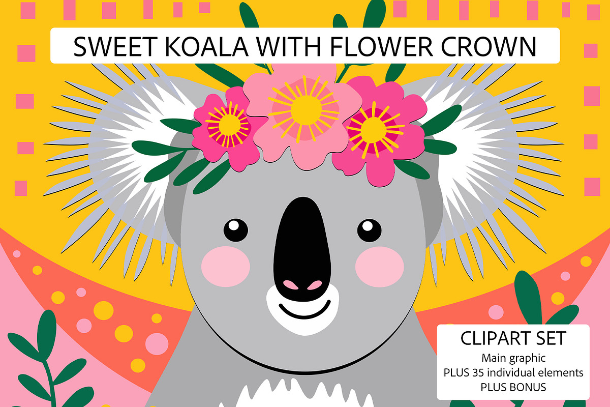 Sweet Koala Flower Crown Clipart Set, a Graphic by Julie Campbell (Photo 1 of 9)