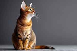 Talented cat sitting gracefully on a gray background with focused expression, an Animal Photo by AlyaAnd