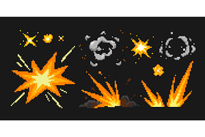 Pixel explosion effects with flames, an Object Illustration by art PVP - market