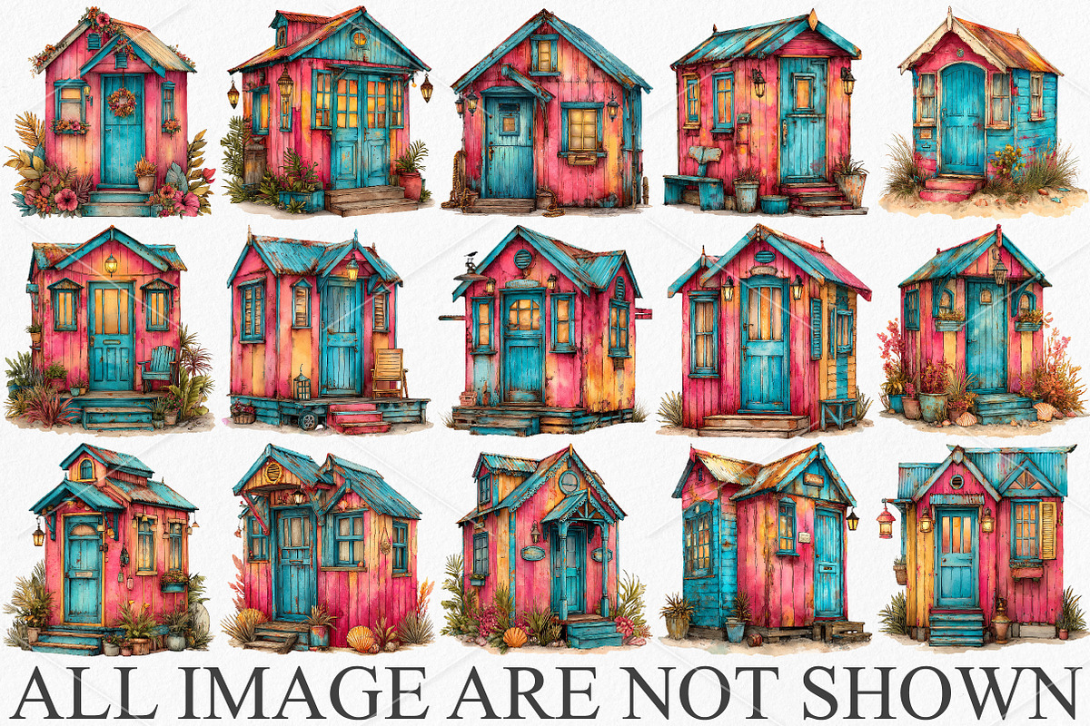 Watercolor Beach Huts Summer Clipart, an Illustration by Canvas Craft (Photo 3 of 7)