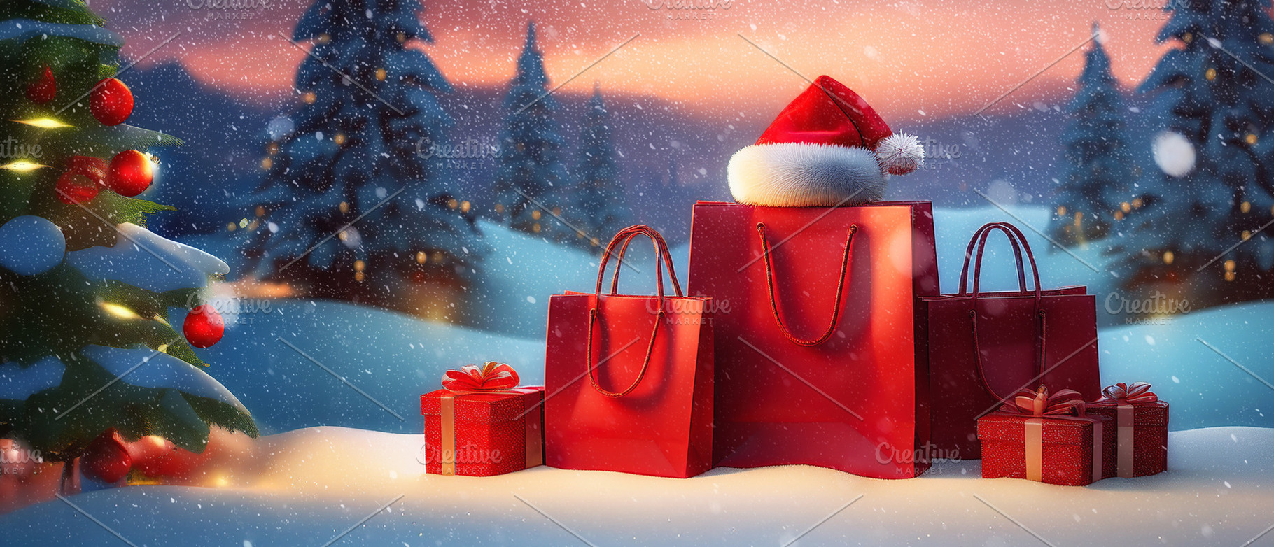 Red Christmas shopping and gifts in the snowy landscape, a Holiday Photo by Davizro's Market