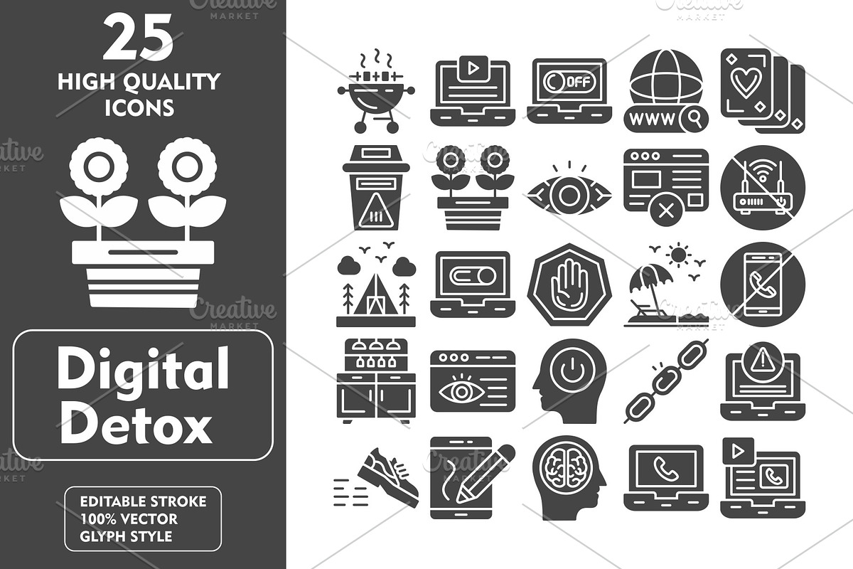 25 Digital Detox Glyph Icons, an Icon by Pexelpy