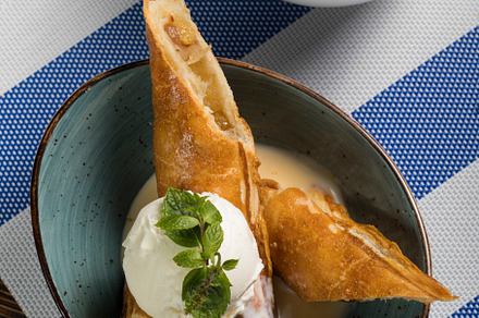 Sweet dessert apple strudel with ic containing dessert, strudel, and sweet, a Food & Drink Photo by oleghz